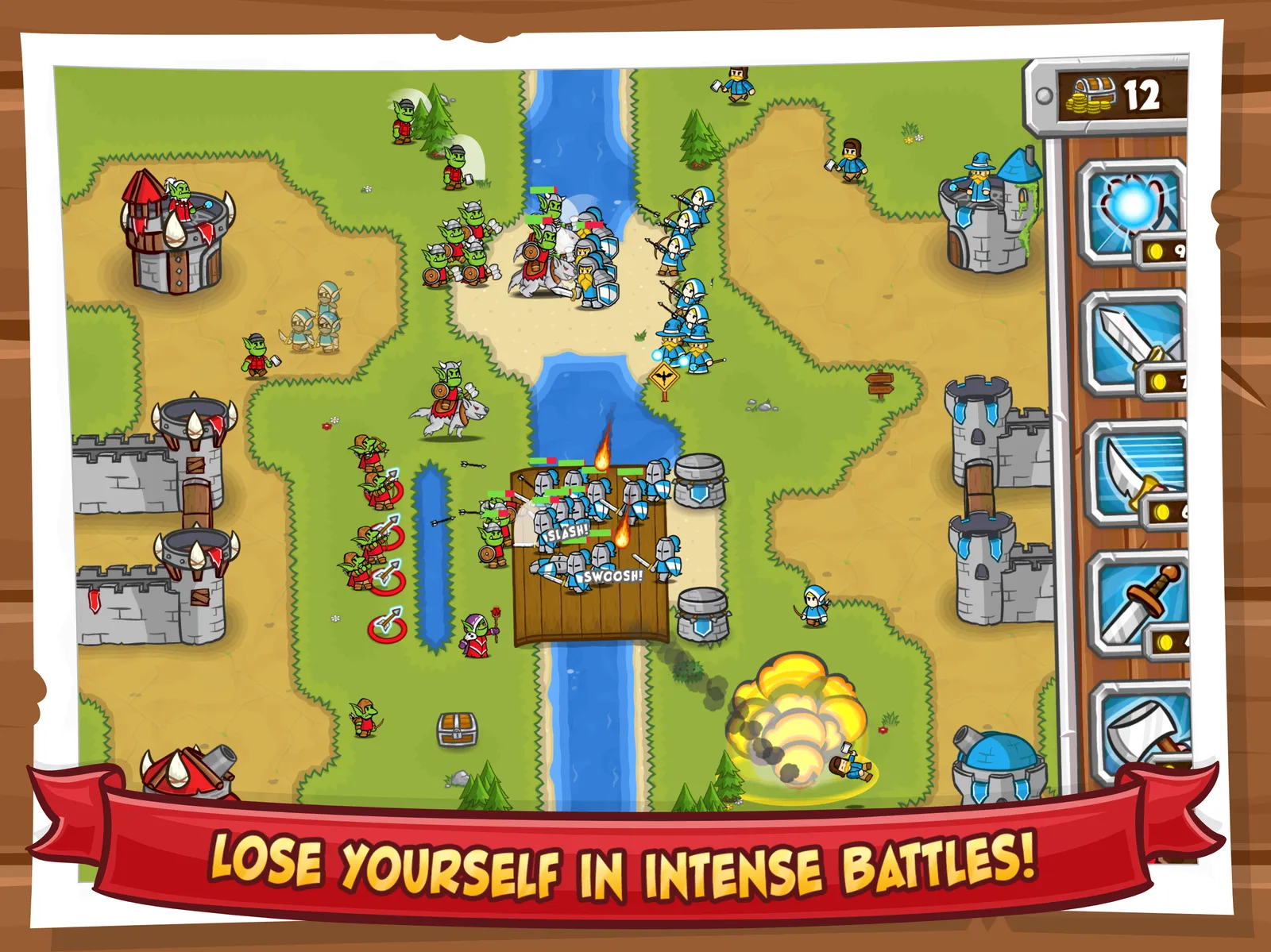 Red and blue armies clash on a bridge over a river between two castles.