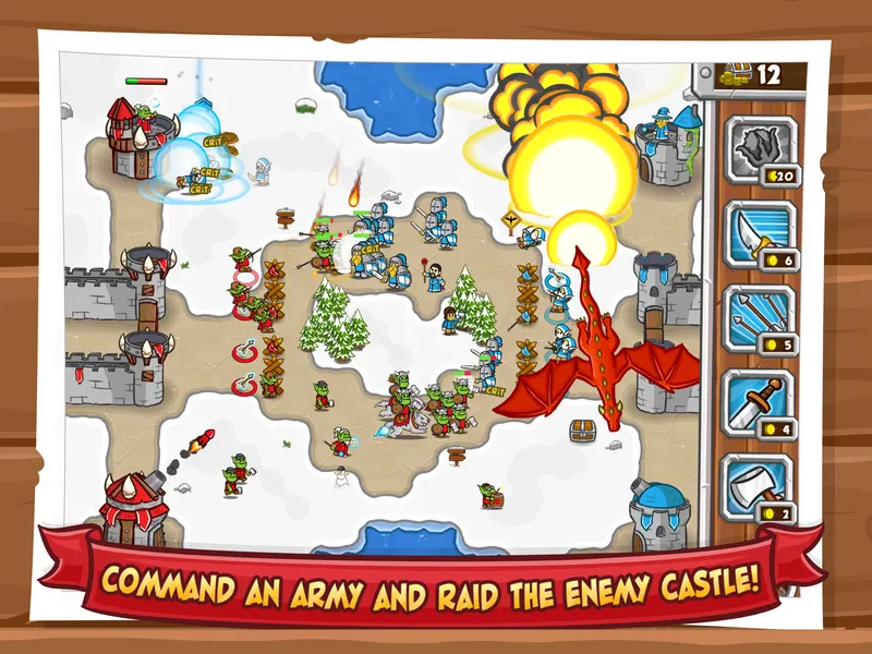 A red dragon breathes fire across a snowy battlefield.